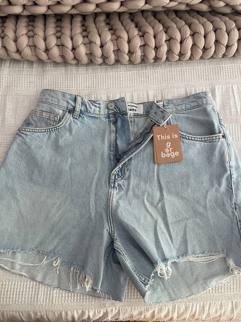 Reformation Wilder Light Blue High-Rise Raw Hem Denim Shorts